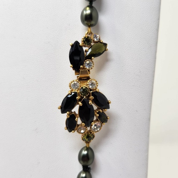 Gunmetal Gray Glass Bead Strand Long Necklace Black Rhinestone Clasp Hand Knot - Picture 2 of 5